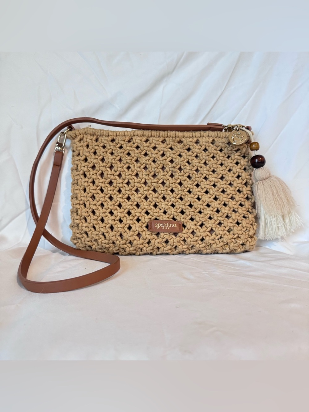 Spartina 449 Tan Macrame Leather Crossbody Bag Purse Tassel 10x7.5” Boho-Chic